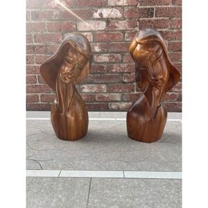 MCM Wood Carving Signed EVA Female Bust Pair Monkey Pod Wood 15 Inch Statue